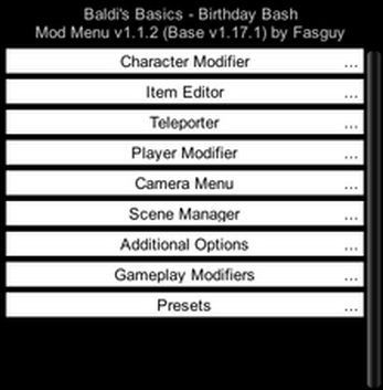 Baldi basics birthday bash with v2.0.2 fasguy mod menu by Baldi89989