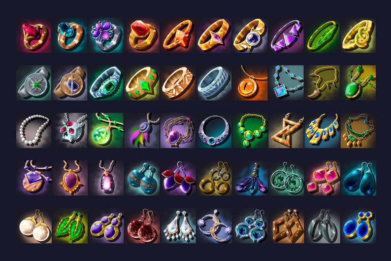 50 Jewelry Game Icons by Free Game Assets (GUI, Sprite, Tilesets)