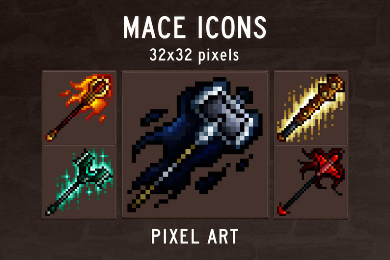 48 Mace Pixel Art Icons by Free Game Assets (GUI, Sprite, Tilesets)