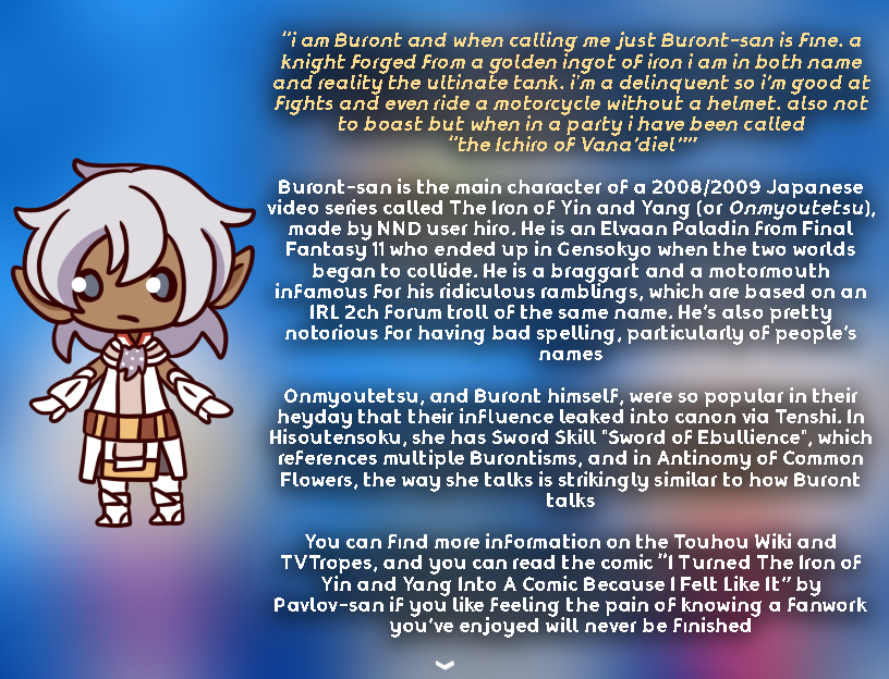 Rinnosuke and Buront Lovingly Infodump by Pedestal for Touhou 