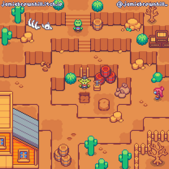 Pixel art desert scene with cacti, barrels, crates, bones, three characters, and a building in the lower left corner.