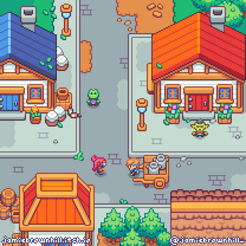 Pixel art town scene with colorful houses, three characters on the street, trees, and market stalls.