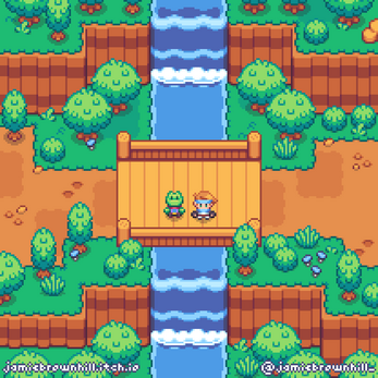 Pixel art scene of a human character and a frog standing on a wooden bridge over a river with a waterfall, surrounded by trees.