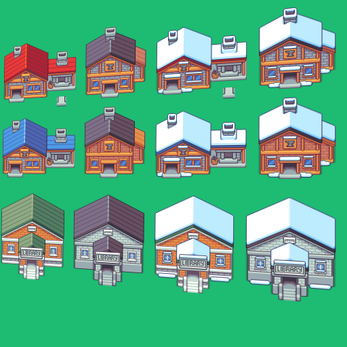 Grid of pixel art buildings with different roof colors and snow, shown from various angles on a green background.