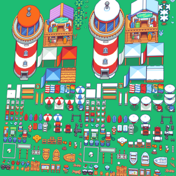 Pixel art asset sheet with two red and white lighthouses, beach huts, umbrellas, boats, surfboards, and various beach items on green background.
