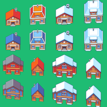 Sixteen colorful, cartoon-style house sprites with different roof colors and snow, arranged in a 4x4 grid on a green background.