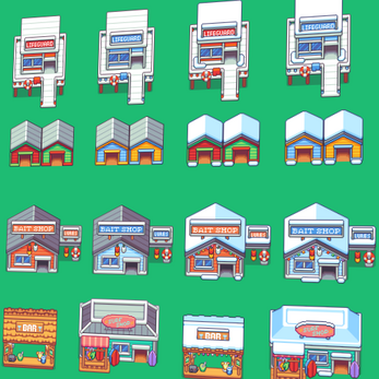 Pixel art buildings on green background, including lifeguard towers, houses, bait shops, a bar, and a surf shop.