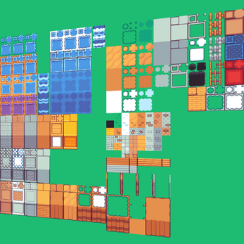 Assorted 2D game tiles and blocks in blue, orange, and gray on a green background, arranged in a grid pattern.