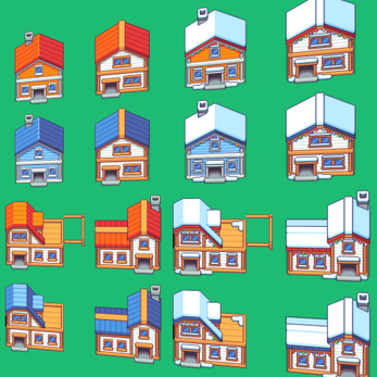 Grid of cartoon-style houses with red, blue, and yellow roofs, some covered in snow, on a green background.