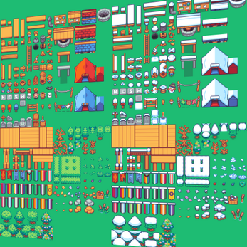 Pixel art tileset with tents, wooden structures, trees, fences, barrels, crates, and various outdoor objects on green background.
