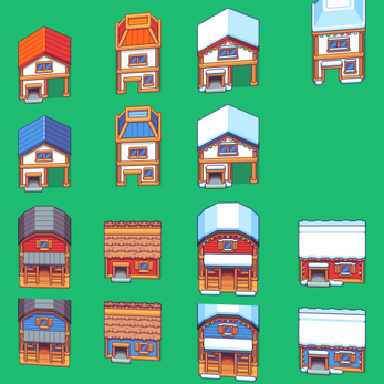 Grid of twelve colorful, cartoon-style house sprites with different roof types and seasonal variations on green background.