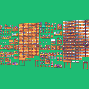 Pixel art inventory UI with orange item slots, various icons for items, and containers on a green background.
