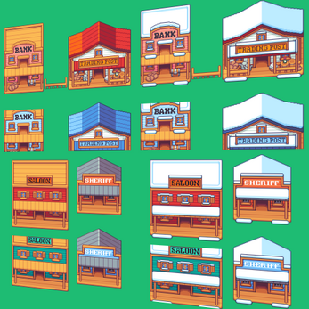 Grid of pixel art Western buildings including banks, trading posts, saloons, and sheriff offices with different roof styles.