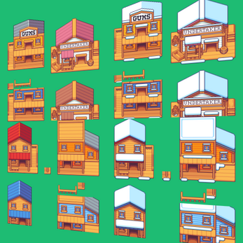 Pixel art tileset of wooden Wild West buildings, including a guns shop and houses with snow and non-snow variations on a green background.