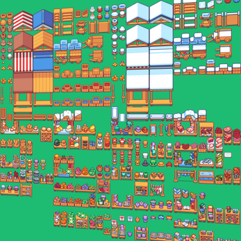 Pixel art market stalls, food items, and shop displays arranged on a green background, viewed from above.