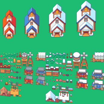 Pixel art game assets including houses with colored roofs, windmills, wagons, and various farm objects on a green background.