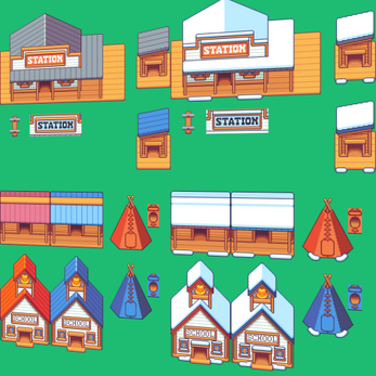 Pixel art tileset with train stations, schoolhouses, teepees, signs, and barrels on a green background.