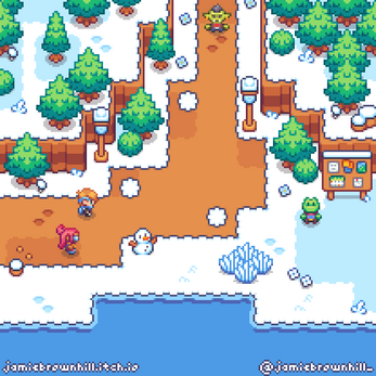 Pixel art game screenshot of a snowy forest path with trees, a snowman, four characters, and a notice board.