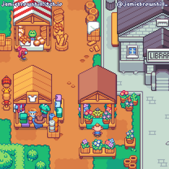 Pixel art market scene with vendor stalls selling bread, clothes, and flowers, and a library building on the right.