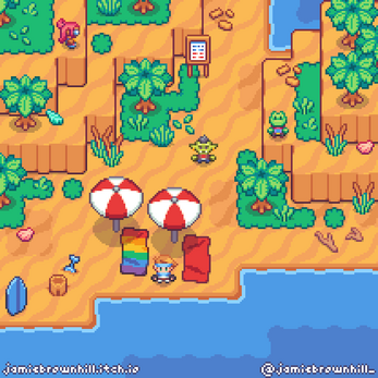 Pixel art beach scene with umbrellas, towels, surfboard, and cartoon characters on sand and grass near water.