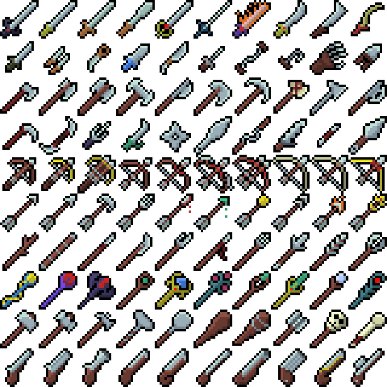 16x16 Simple Pixel Art Weapons by Powered By Decaf