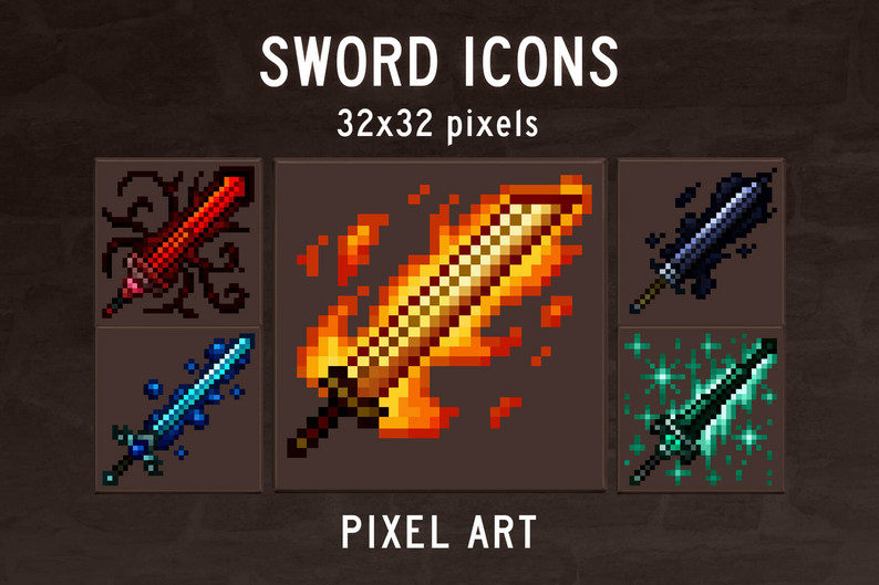 48 Sword RPG Icons Pixel Art by Free Game Assets (GUI, Sprite, Tilesets)