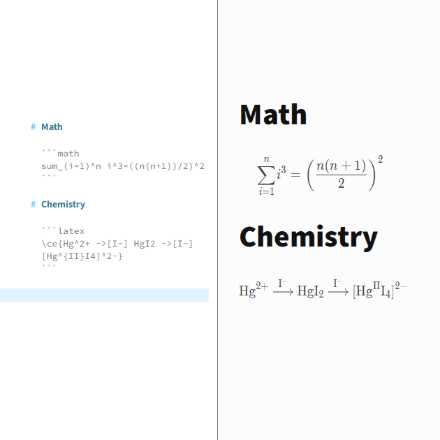 Math and chemical formula in markdown latex nad math blocks, with rendered formula appearing in preview.
