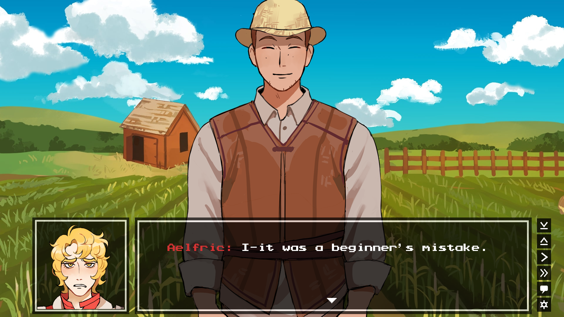 A screenshot from the video game "Aelfric the Wondrous" by LadyMeowsith. A rectangular textbox on the bottom of the screen to place character dialogue and narration, and to the left of the textbox a square character portrait that is meant to show the playable character's facial expressions to the player. The textbox reads "Aelfric: I-it was a beginner's mistake." with pixelated font, red text for Aelfric's name and white text for the dialogue. Aelfric, the speaker and playable character, is the character in the portrait on the left, his face flushed and mouth downturned with embarrassment. The character in the center of the screen, Conrad, is smiling with his eyes closed, wearing a straw hat, and sturdy brown work clothes associated with farming in historical European settings. The background is of a farming plot covered in growing plants with a small barn is present. 