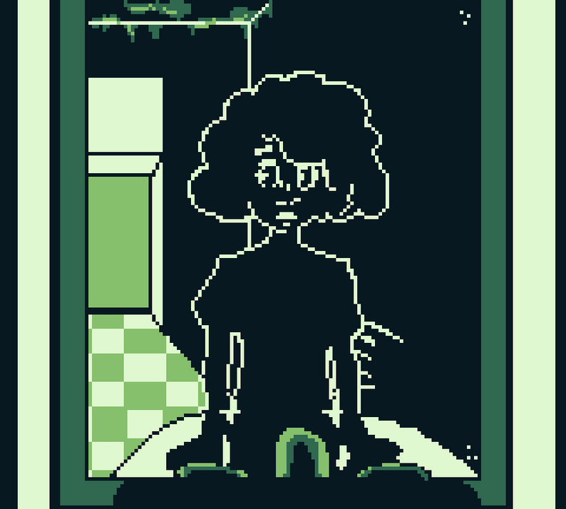 Pixelated image of a girl standing in a dark room looking off behind her in the mirror.