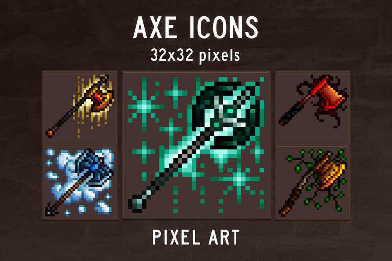 48 Axe Icons Pixel Art by Free Game Assets (GUI, Sprite, Tilesets)