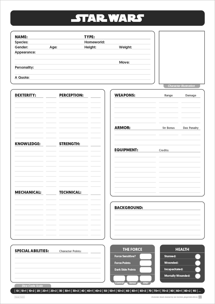 Star Wars D6 Rpg Custom Character Sheet By Jez Gordon 5267