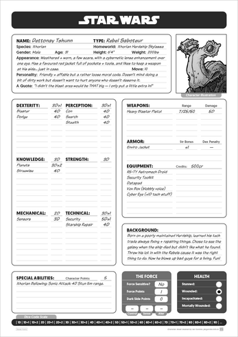 Star Wars D6 RPG Custom Character Sheet by Jez Gordon