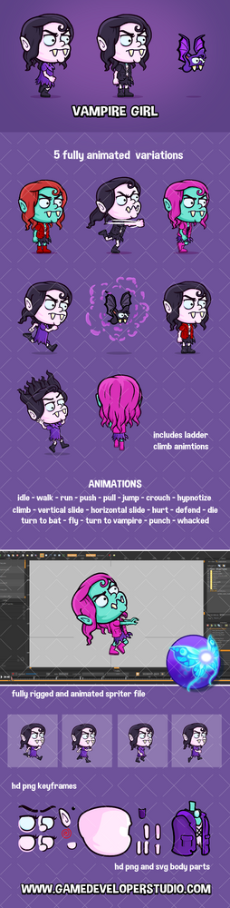 Vampire girl game character pack by Robert Brooks - gamedeveloperstudio.com