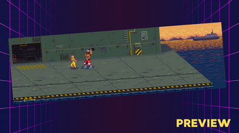 Pixel art game scene with two characters on a dock, a ship in the background, and the word 'PREVIEW' in yellow text.