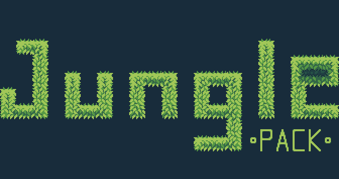 Pixel art text made of green jungle leaves spelling 'Jungle PACK' on a dark background.