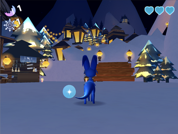 A still image of the game's village during the night. A blue dragon with tall goat horns and a crystal ball on her tail is standing in the center of the image, looking towards the snowy hills and lantern shaped houses in the background. There are three blue hearts in the top right corner of the image while the top left corner displays a purple shard and snowflake.