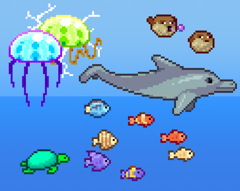 Marine creatures: Sea animals pixel art animations by Weenter