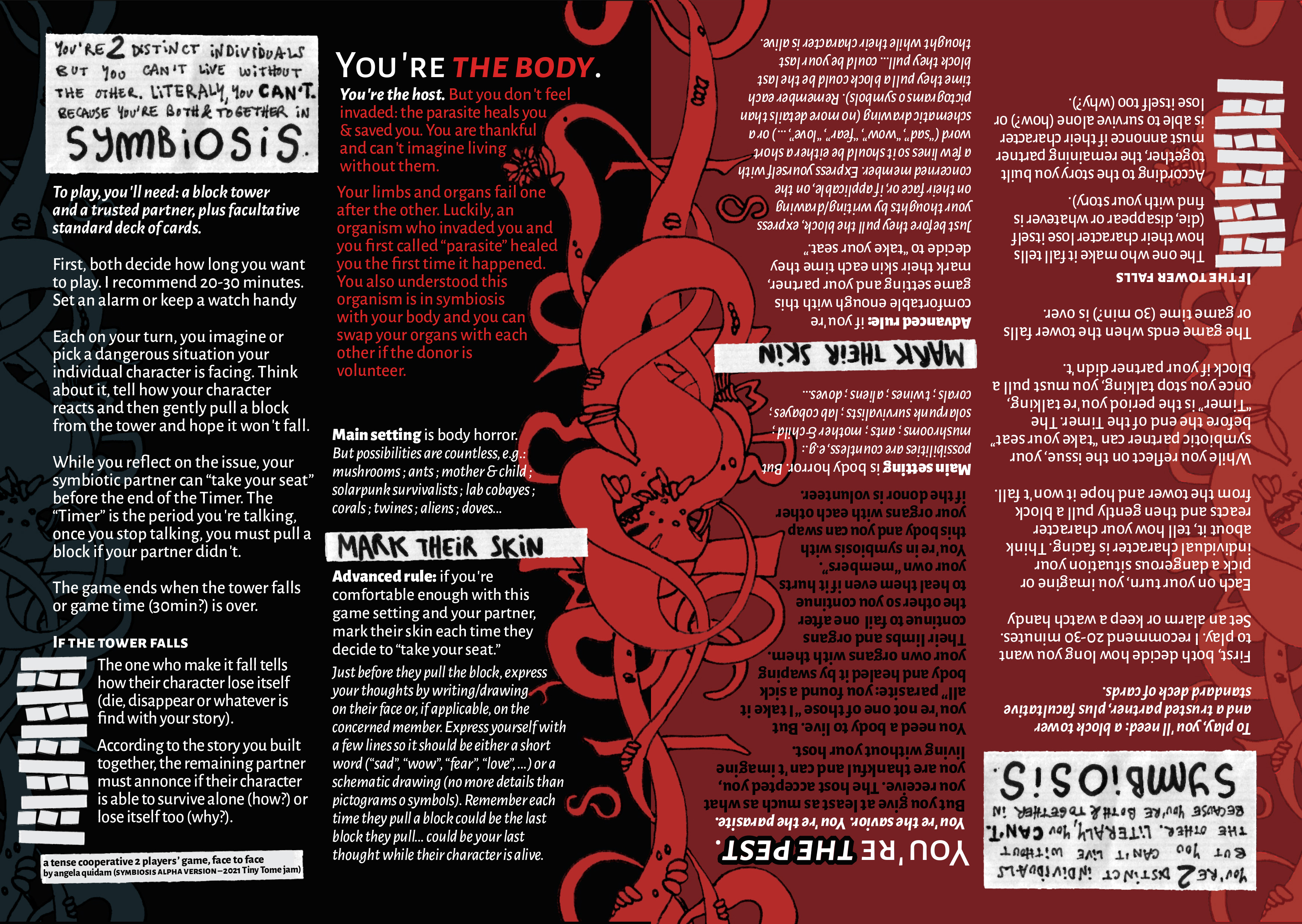 Screenshot of this two pages game: black and red backgrounds, white text, some sentences are hand writen on white paper, and there's an organic abstract red drawing in the middle. 