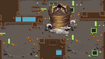 Pixel art game scene with a giant sandworm emerging from the ground, surrounded by debris, fire, and potions.