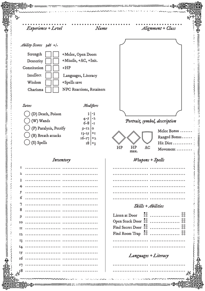 Character sheet for old-school RPGs by Sunken Planets