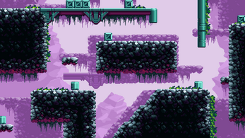 Pixel art platformer level with rocky platforms, teal pipes, and purple background with hanging vines.