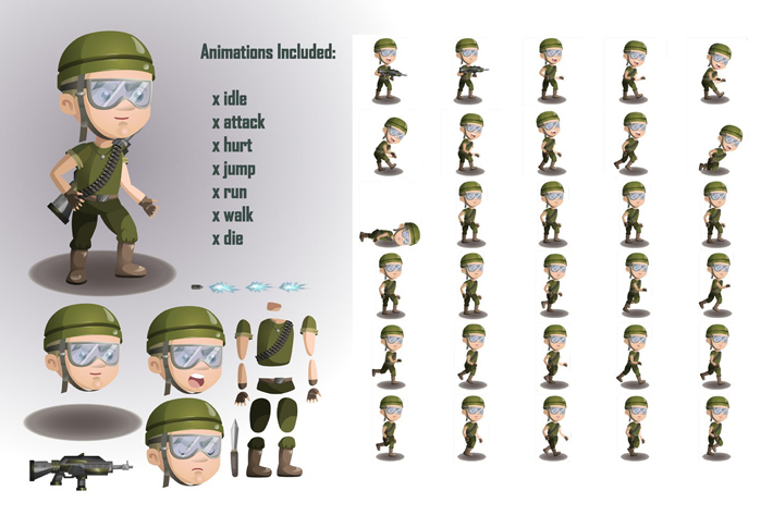 2D Game Soldiers Character Sprites Sheets by Free Game Assets (GUI ...
