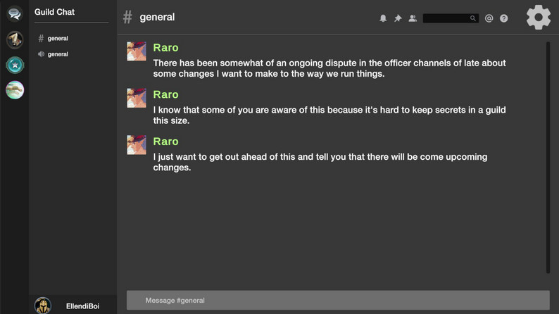 Guild chat interface where a guild member warns of guild drama