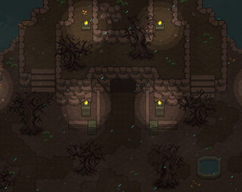 Pixel art game scene of a stone ruin with torches, leafless trees, and rain falling at night.