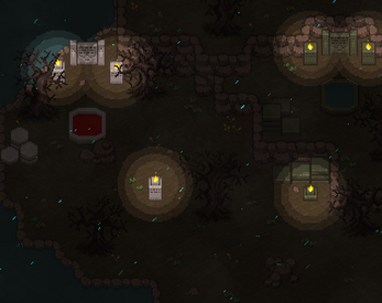 Pixel art game scene of a dark graveyard with tombstones, torches, leafless trees, and a red pool.