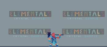 Pixel art animation of a blue-armored character wielding a staff, with 'Elementals Crystal Sample' text in the background.