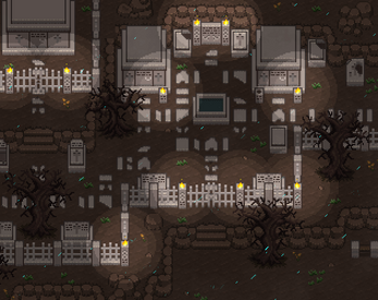 Pixel art graveyard scene with tombstones, mausoleums, fences, leafless trees, and glowing lanterns at night.