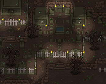 Pixel art graveyard scene with tombstones, fences, leafless trees, and torches lighting paths at night.