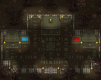 Pixel art graveyard scene with tombstones, fences, torches, and blue and red-lit crypts on each side.