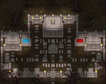 Pixel art graveyard scene with tombstones, fences, three mausoleums, and blue and red glowing lights.